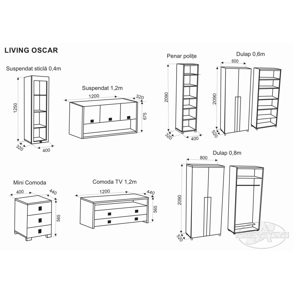 Living Oscar Bej Cremoa, 9 piese, 380 x 52 x 209 cm